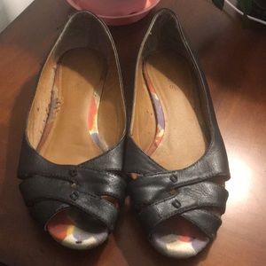 Nicole brand black open toe faux leather flats